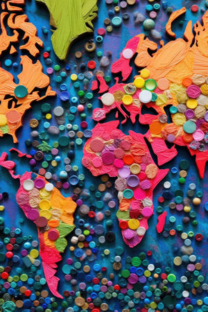 colorful world map made of recycled materials, created with generative aiの素材