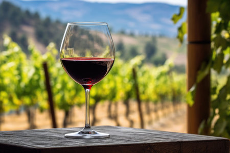 a glass of red wine with a vineyard backdrop, created with generative aiの素材