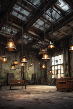 industrial warehouse ceiling with hanging lights, created with generative aiの素材
