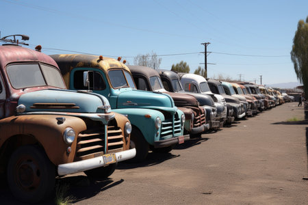 vans and trucks of the past parked in row, ready for a road trip, created with generative aiの素材