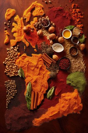 world map created with various spices and ingredients, created with generative aiの素材