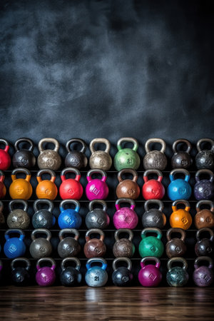 kettlebells lined up, various weights and colors, created with generative aiの素材