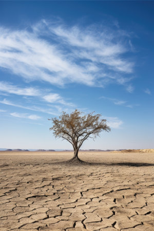 an isolated tree in a barren desert landscape, created with generative aiの素材