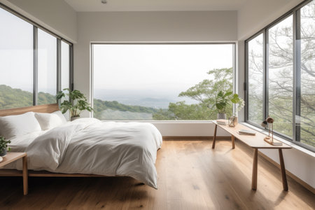 minimalist room with view of scenic landscape, featuring natural light and airy feel, created with generative aiの素材