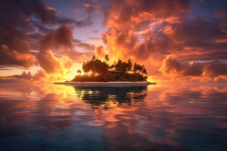 dramatic sunset over a tranquil island atoll, created with generative aiの素材