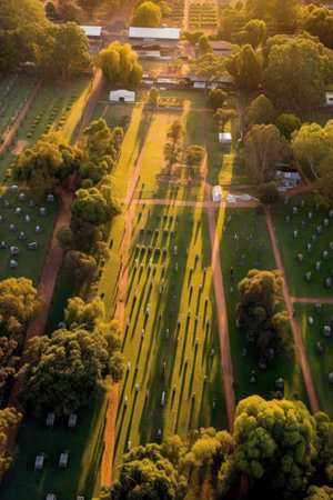 aerial view of a military cemetery with uniform headstones, created with generative aiの素材