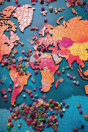 world map puzzle with pieces scattered around, created with generative aiの素材