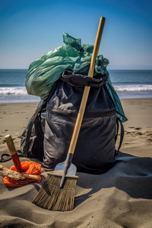beach cleanup tools and a filled trash bag, created with generative aiの素材