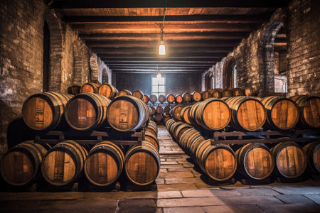 close-up of oak barrels aging whisky in a warehouse, created with generative aiの素材