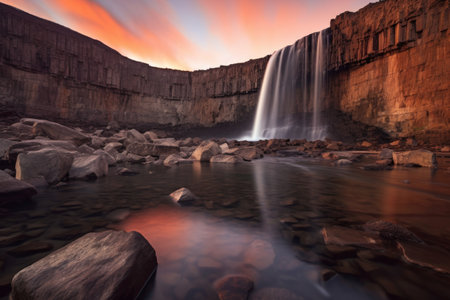 long exposure shot of a waterfall at sunset, created with generative aiの素材