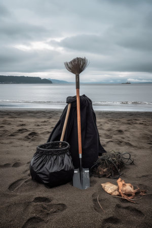 beach cleanup with trash bags and eco-friendly tools, created with generative aiの素材