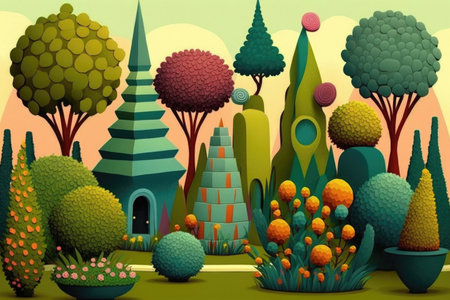 group of topiaries in different shapes and sizes, forming colorful and whimsical garden scene, created with generative aiの素材