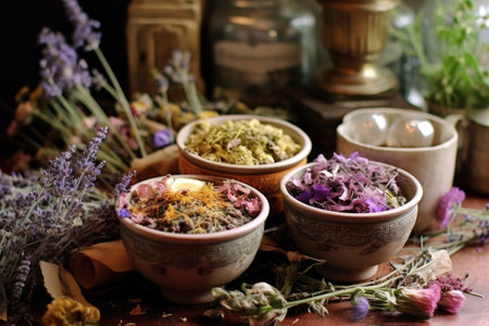 teacups filled with aromatic dried flowers and herbs, created with generative aiの素材