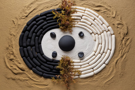 yin and yang symbol created with rocks in zen garden, created with generative aiの素材