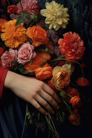 close-up of a womans hands holding flowers, created with generative aiの素材