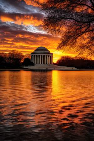sunrise over the tidal basin and jefferson memorial, created with generative aiの素材