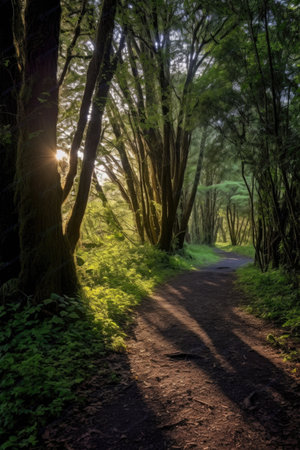 nature trail with sunlight filtering through trees, created with generative aiの素材