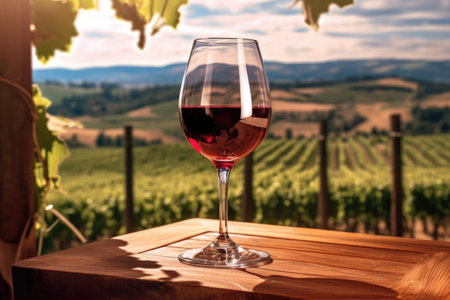 a glass of red wine with a vineyard backdrop, created with generative aiの素材