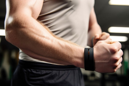 person, wearing fitness tracker on wrist and arm sweatband, with view of active lifestyle, created with generative aiの素材