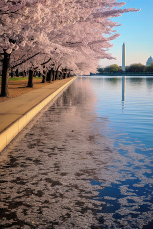 cherry blossoms surrounding the tidal basin, created with generative aiの素材