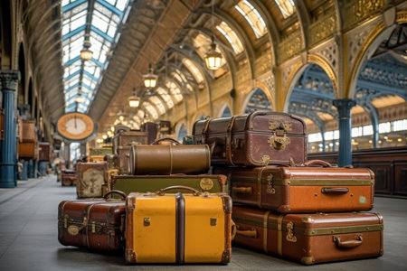 old-fashioned luggage set in a train station, created with generative aiの素材