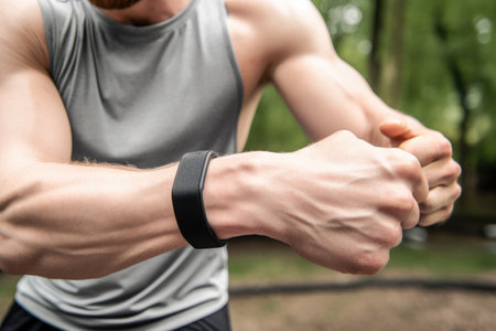 person, wearing fitness tracker on wrist and arm sweatband, with view of active lifestyle, created with generative aiの素材