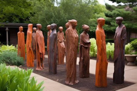 group of sculptures displayed in outdoor park or garden setting, created with generative aiの素材