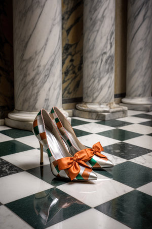 elegant womans shoes on a marble floor, created with generative aiの素材