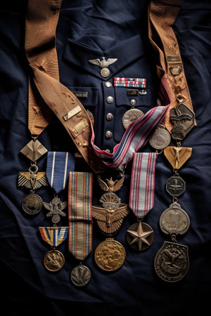 veterans medals displayed on an old uniform, created with generative aiの素材