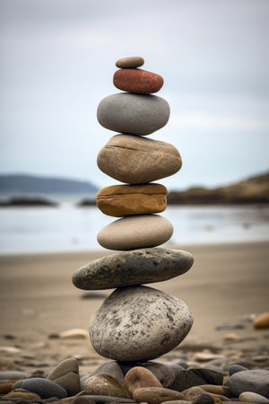 stack of balanced stones on a beach, created with generative aiの素材