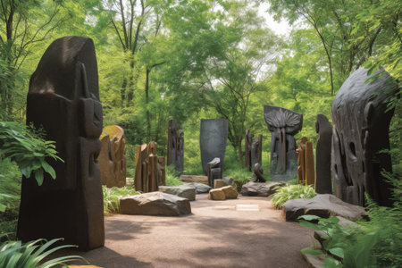 sculpture garden with a variety of sculptures and natural settings, created with generative aiの素材