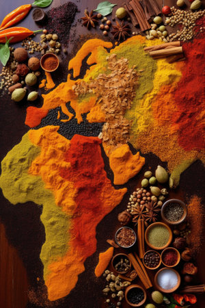 world map created with various spices and ingredients, created with generative aiの素材