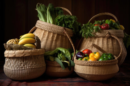 traditional woven baskets filled with local produce, created with generative aiの素材