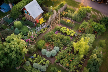 aerial view of a colorful, well-maintained vegetable garden, created with generative aiの素材