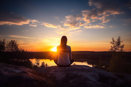 person, practicing yoga and meditation, with beautiful sunrise in the background, created with generative aiの素材