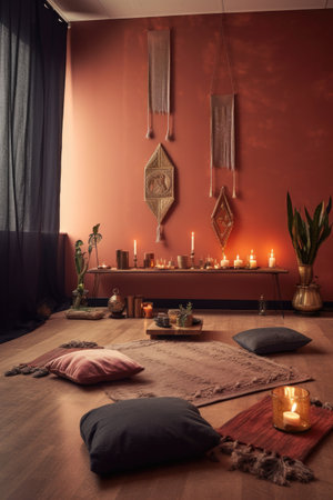 serene yoga studio setup with mats, candles, and incense, created with generative aiの素材