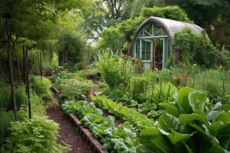 a lush, green vegetable garden with a small greenhouse in the background, created with generative aiの素材