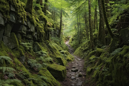 narrow path through dense alpine forest, created with generative aiの素材