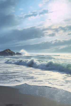 ocean waves crashing on a serene, empty beach, created with generative aiの素材