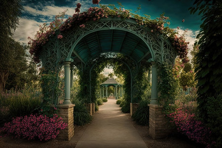 beautiful trellis, archway, and pergola at the entrance to a park, created with generative aiの素材