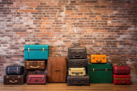 row of retro suitcases against a brick wall backdrop, created with generative aiの素材