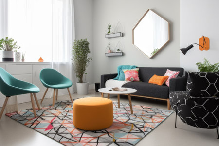 minimalist room with elements of surprise, such as pop of color or unexpected detail, created with generative aiの素材