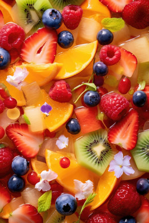 a close-up of refreshing summer fruit salad, created with generative aiの素材