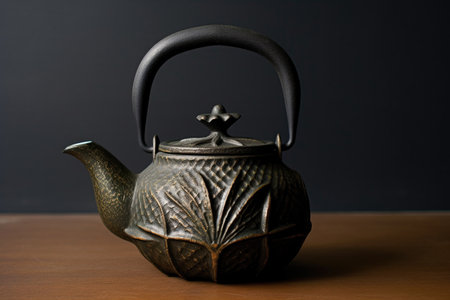 japanese cast iron teapot with tea leaves, created with generative aiの素材
