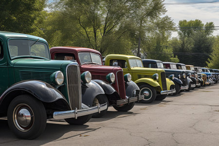 vintage cars and trucks parked in orderly row at car show, created with generative aiの素材