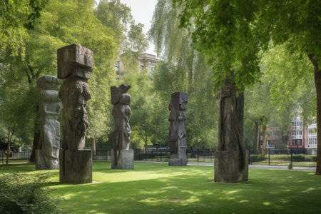 green park, with unique sculptures and greenery in the background, created with generative aiの素材