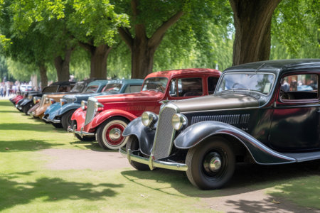 vintage car show with a collection of vintage vehicles on display, created with generative aiの素材