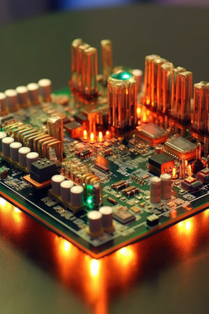 circuit board with glowing led lights, created with generative aiの素材