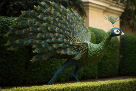 topiary peacock, with its tail feathers spread in flight, created with generative aiの素材