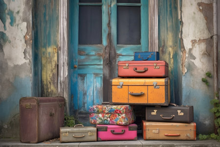 colorful vintage luggage stacked by a weathered door, created with generative aiの素材